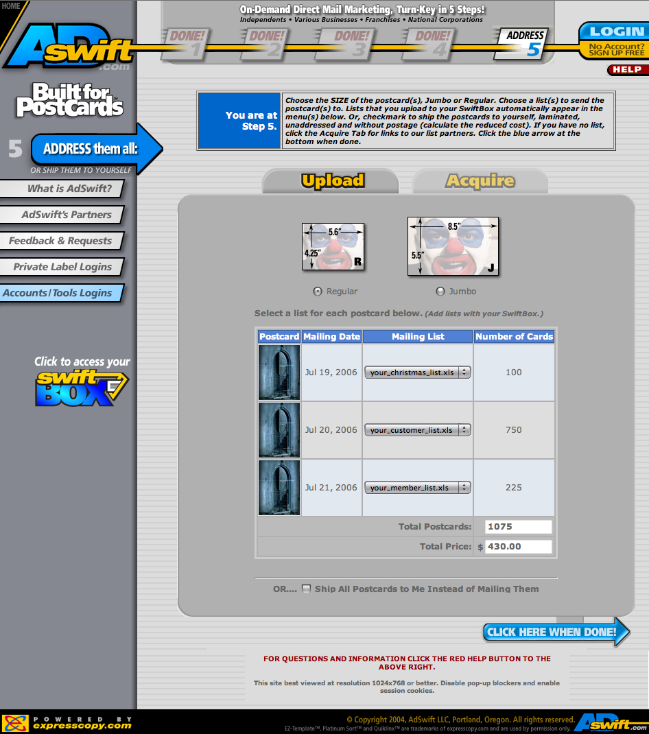 AdSwift Direct Mail Ordering Web Site